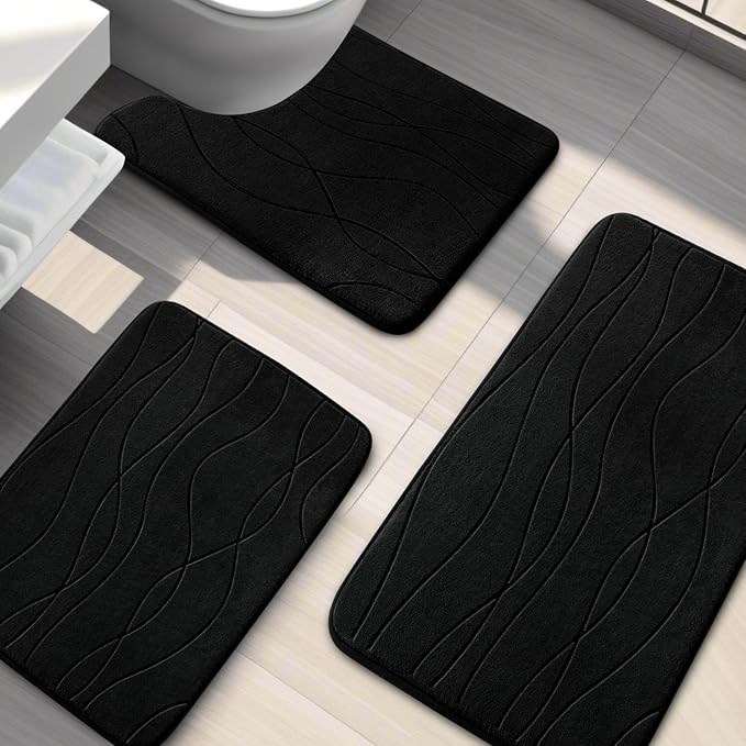 YIHOUSE Bathroom Rugs Set 3 Piece, Memory Foam Bath Mat Black