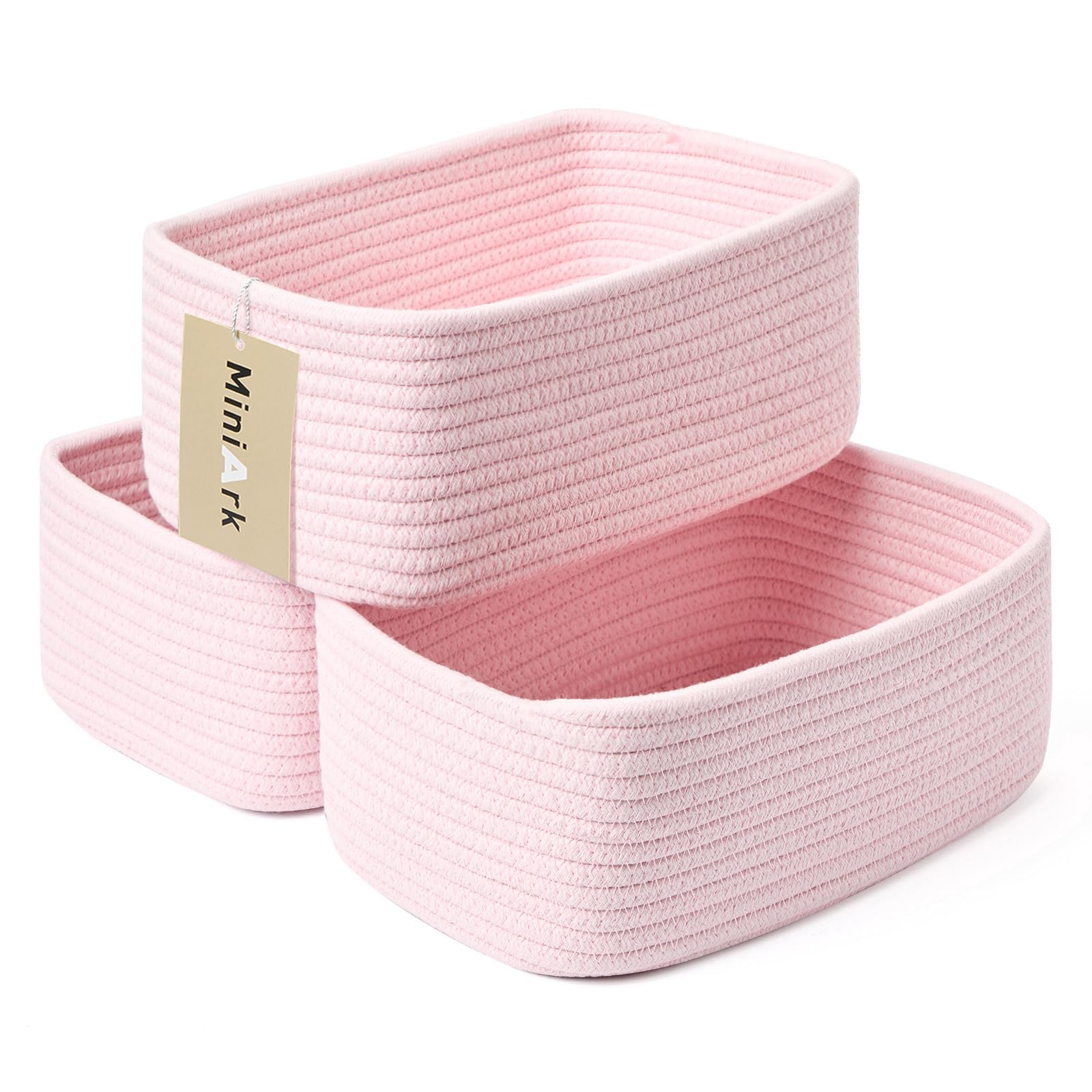 MiniArk Small Storage Baskets for Organizing | Closet Organizer Bins | Shelf Toy Basket | Woven Rope Baskets | Cube Decorative Box | Shallow Basket | 11.5x7.5x4.7” | 3 Packs Light Pink