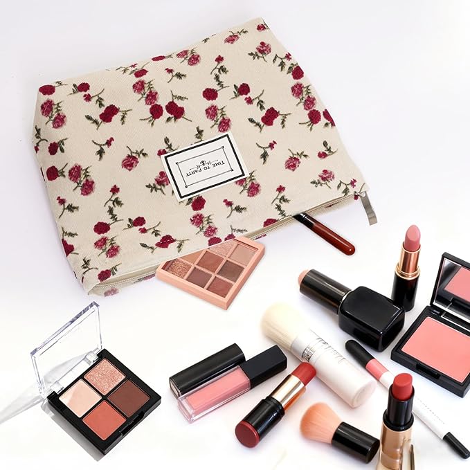 Dqwtb 1pcs Floral Makeup Bag for Women Travel Cosmetic Pouch Toiletry Organizer for Skincare Brushes and Daily Essentials 8.27x7.28x1.97 inch(Flower-1, Beige)