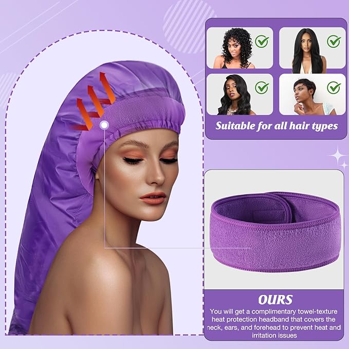 Bonnet Hair Dryer Attachment - Bonnet Hood Dryer with Headband That Reduces Heat Around Ears and Neck, Use for Hair Styling, Hair Drying, Curling and Deep Conditioning (Purple)