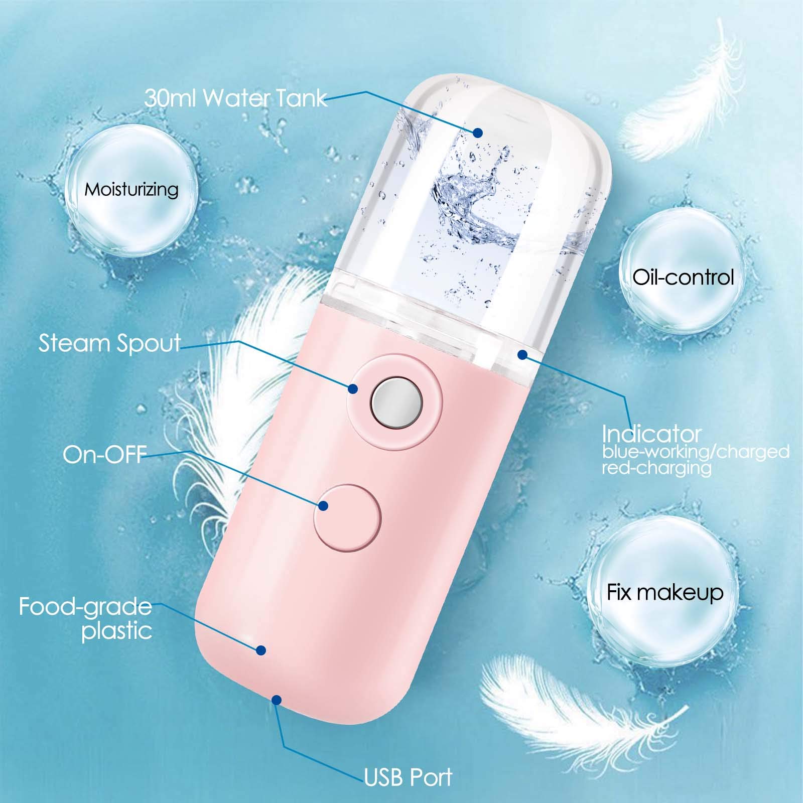 GIVERARE 2 Pack Nano Facial Steamer, Handy Mini Mister, USB Rechargeable Mist Sprayer, 30ml Visual Water Tank Moisturizing&Hydrating for Face, Skin Care, Eyelash Extensions-Pink