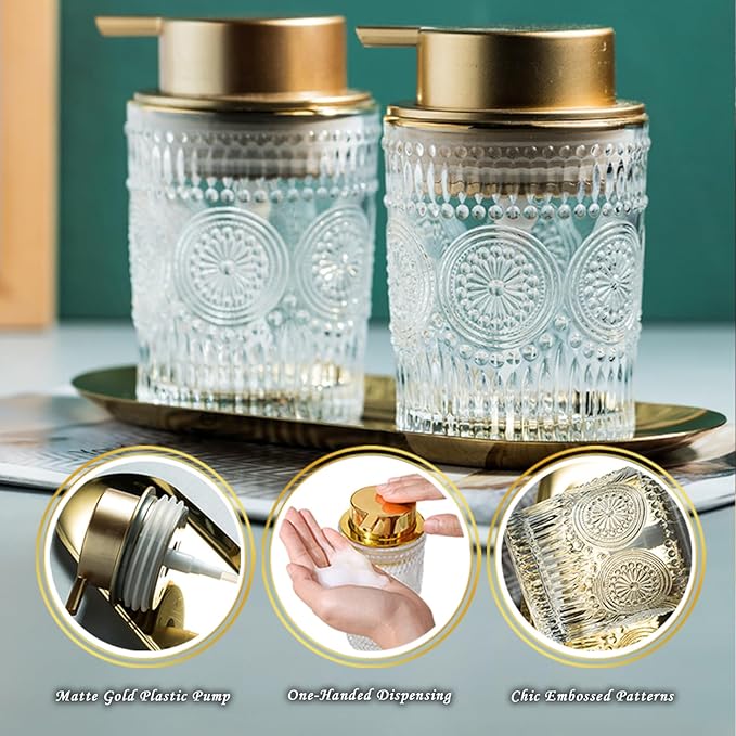 Foaming Soap Dispenser for Kitchen & Bathroom Liquid Kitchen Dish Refillable Soap Dispenser with Gold Plastic Pump Modern Home Bathroom Decor (Clear, L)