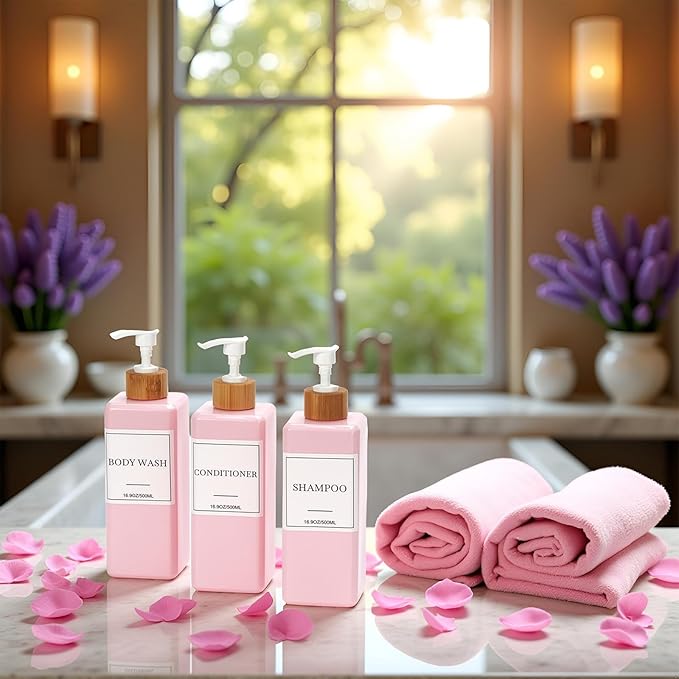Shampoo and Conditioner Dispenser for Shower, Refillable Shampoo and Conditioner Bottles Body Wash Dispenser with Waterproof Labels, 3PCS Soap Dispenser Bathroom Pink White Empty Pump Bottle