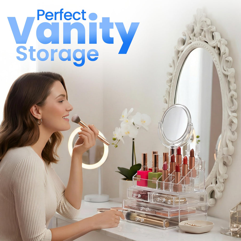 Masirs Clear Makeup Organizer with Mirror – 16-Compartment Cosmetic and Jewelry Holder, 4-Drawer Vanity Storage, Elegant Clear Design for Makeup and Accessories
