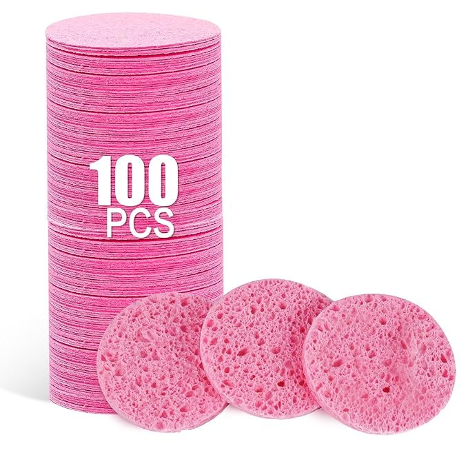 100-Count Facial Sponges Compressed Natural Cellulose Sponge Round Shape Face Sponge for Face Cleansing Exfoliating and Makeup Removal, Pink