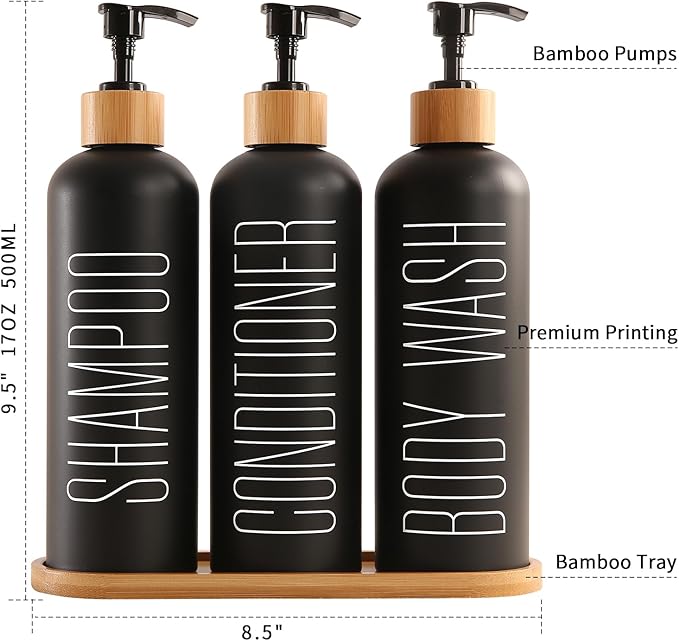 Prus Waso Shampoo and Conditioner Dispenser with Bamboo Pumps & Tray, Perfect for Bathroom Essentials for New Home (Black)