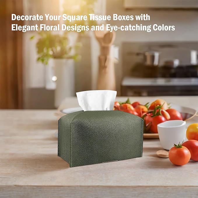 PARIERIS Tissue Box Cover PU Leather Tissue Holder Rectangle Facial Tissue Case Tissue Box Organizer Dispenser for Bathroom, Kitchen, Home, Office, Tabletop (OliveGreen, Short)