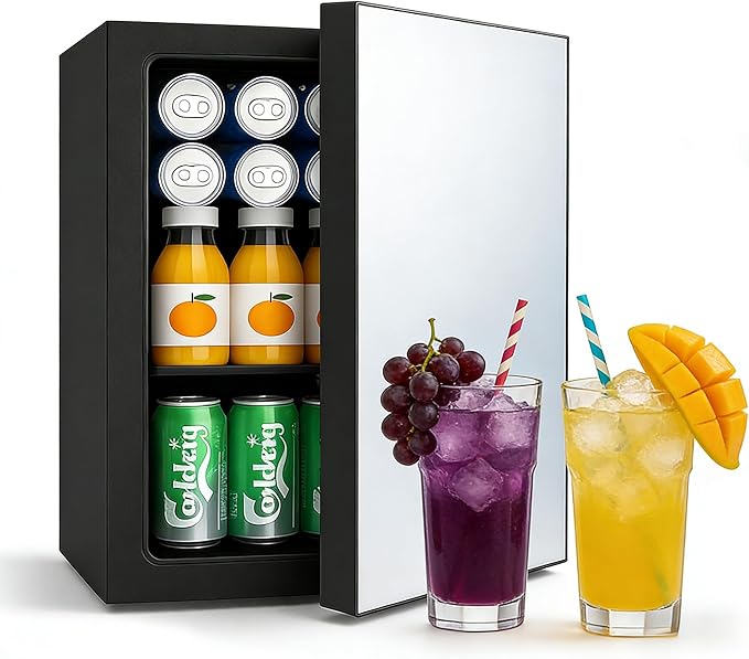 DOGHLY Compact Mini Fridge - 24 Cans/0.9 Cu.Ft Beverage Refrigerator with Mirrored Door & Digital Thermostat, Small Cosmetics Cooler for Skincare, Drinks, Food,Bedroom, Office, Dorm,Black
