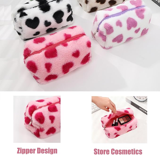 HABUAETY Makeup Bag Small Cosmetic Bags for Purse Women Girls Plush Simple Heart Make Up Pouch