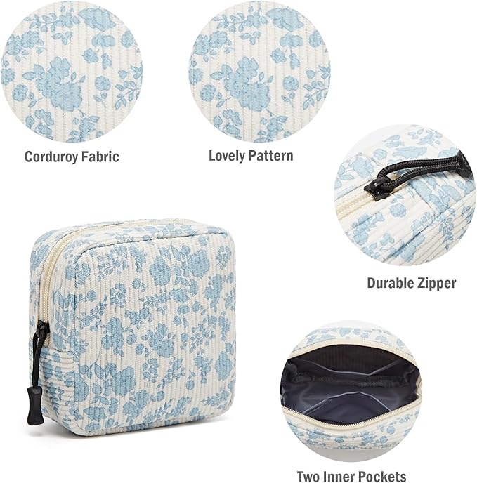 ZOEMTIU Small Makeup Bag for Purse,Mini Cosmetics Bag cute Zipper corduroy Cosmetic Pouch Storage Pouch Travel Toiletry Organizer for Women Girls(Plants Blue)