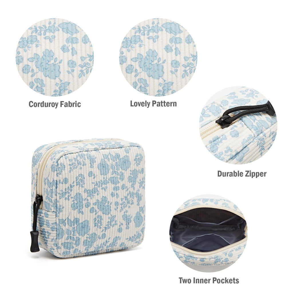 ZOEMTIU Small Makeup Bag for Purse,Mini Cosmetics Bag cute Zipper corduroy Cosmetic Pouch Storage Pouch Travel Toiletry Organizer for Women Girls(Plants Blue)