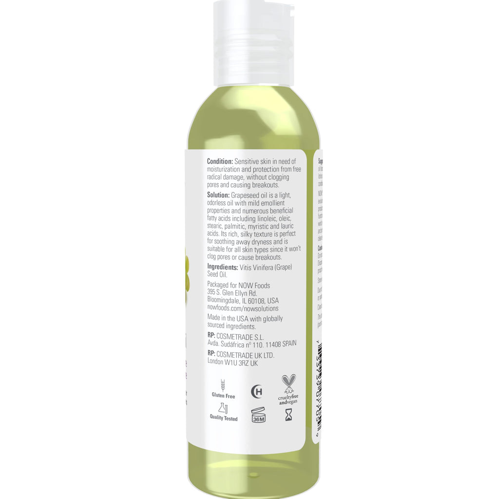 NOW Solutions, Grapeseed Oil, Skin Care for Sensitive Skin, Light Silky Moisturizer for All Skin Types, 4-Ounce