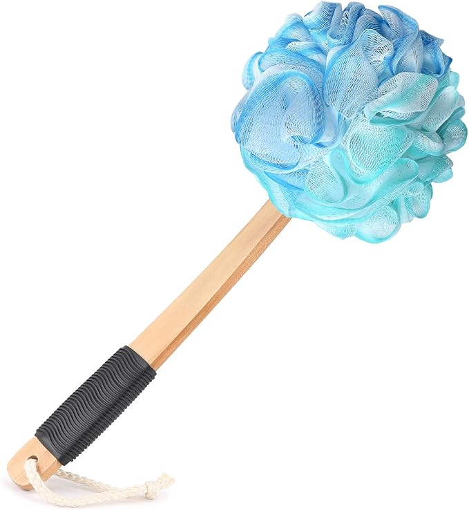 FORENEE Blue, Green and White Loofah on a Stick, PE Mesh Back Scrubber