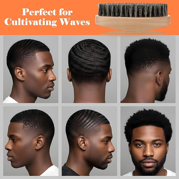 Curved 360 Wave Brush for Men – 2 PCS Medium Hard Boar Bristle Palm Brush with Ergonomic Wood Handle for Defining 360 Waves, Lay Down Hair, and Daily Wave Training for Black Men Textured Hair
