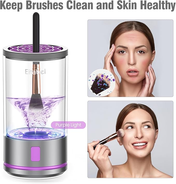EITABEL Makeup Brush Cleaner Machine, 2 in 1 Makeup Brush Cleanser & Washer, 7000 RPM High-Speed Deep Cleaning, Portable Automatic Cosmetic Brush Cleaner for Foundation Brush Sponge, Gray