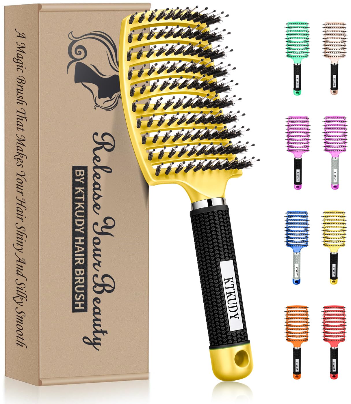 KTKUDY Detangling Brush Boar Bristles Hairbrush Make Hair Shiny & Healthier Curved and Vented Detangler Brush for Women Men Kids Wet and Dry Hair (Yellow)