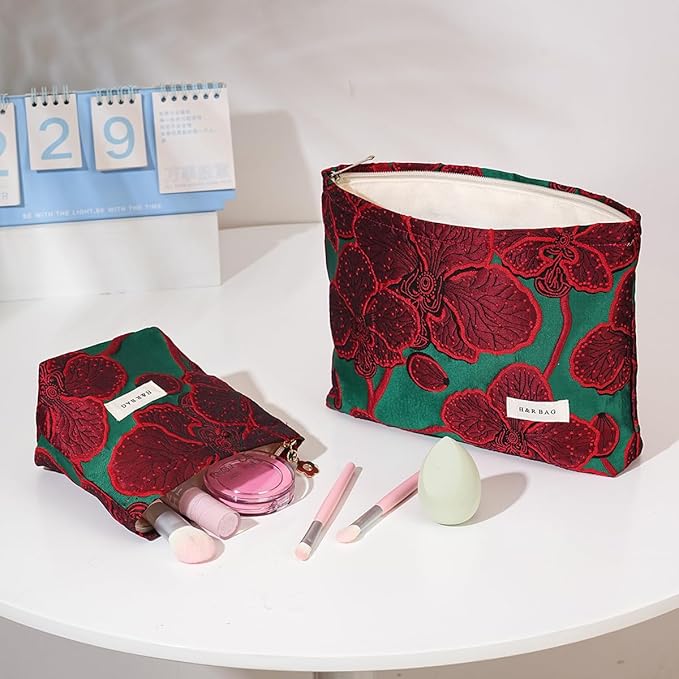 BOCGRPU 2 Pcs Makeup Bags for Purse, Large Cute Cosmetic Bag Travel Toiletry Bag Organizer for Women, Embroidery Craft Floral Makeup Bag Small Cosmetic Pouch Purse with Zipper (Elegant Red Flower)
