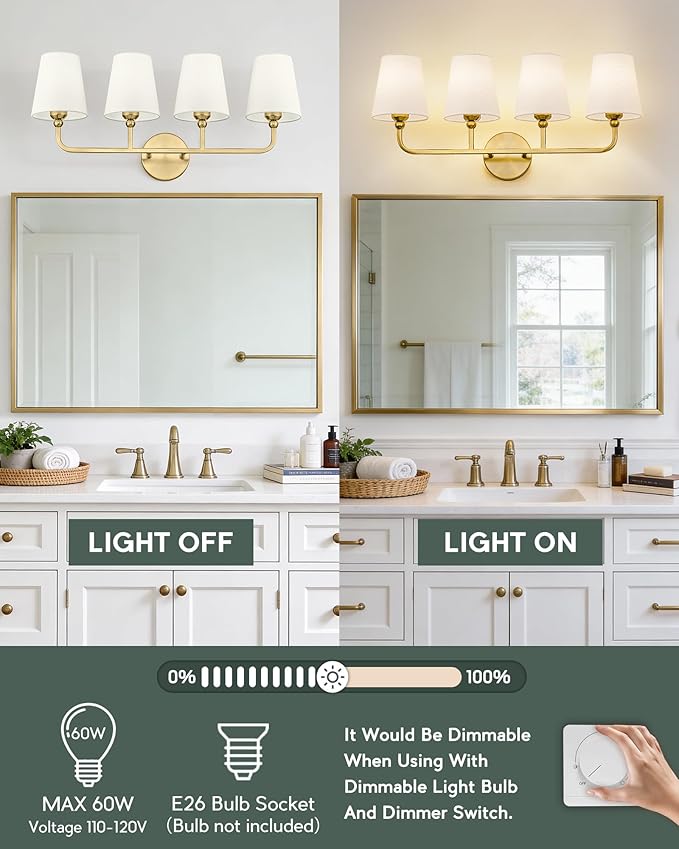 4-Light Bathroom Light Fixtures, Brushed Gold Vanity Lights with Flared Beige Fabric Shade, 28 Inch Wall Sconce, Vintage Sconces Wall Lighting for Hallway Bedroom, VL837-BG-B-4