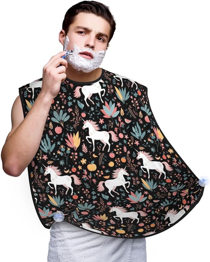 Professional Beard Bib, Non-Stick Hair Catcher Apron Waterproof, Shaving Grooming Essential for Men Dad, Halloween Unicorns Horse Flowers Black Shave Bib