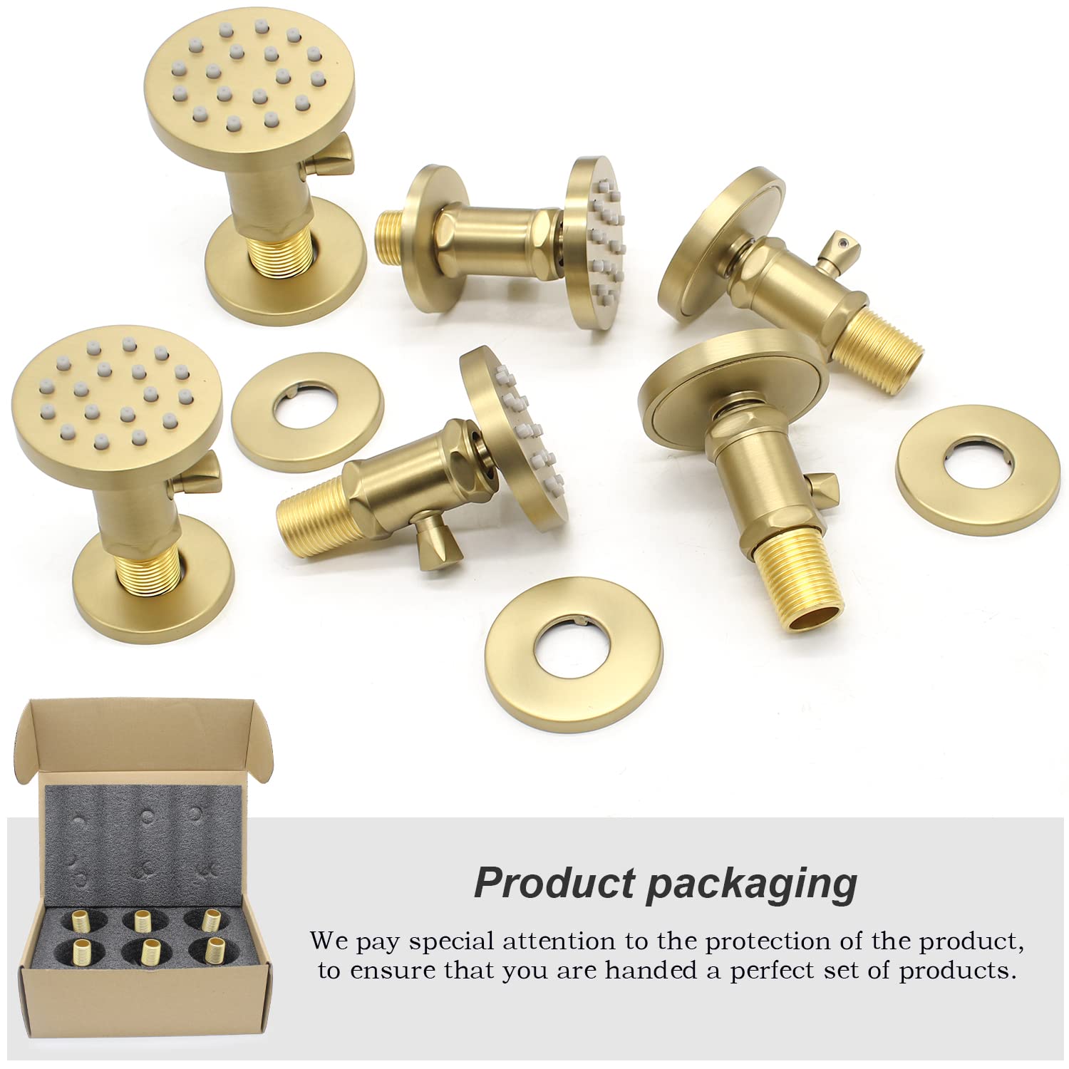(Upgrade) Solid Brass Shower Jets with On Off Switch Brushed Gold Round Shower Body Sprays Massage Wall Jets Rotating Showerhead Body Sprayers Adjustable, NPT 1/2”