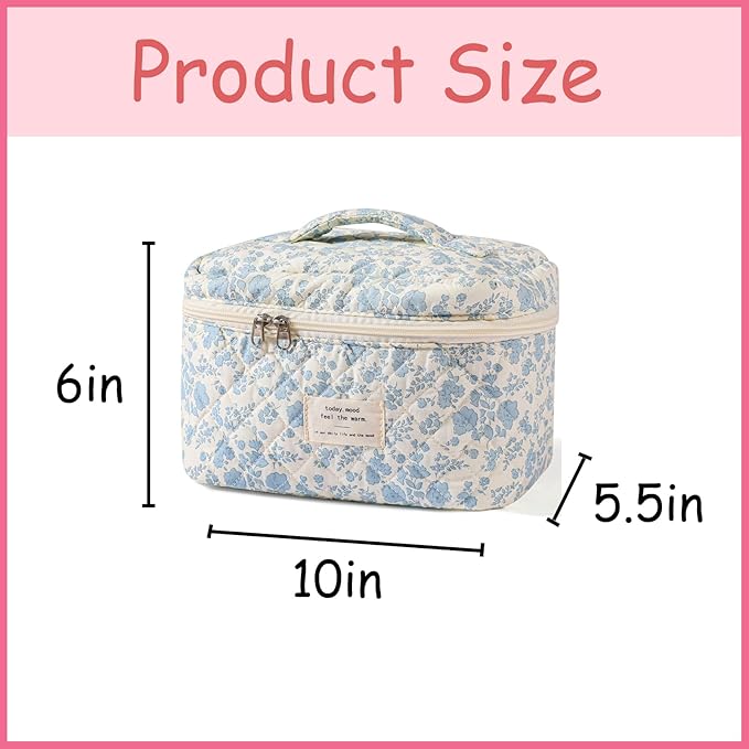 uekeboag Large Travel Quilted Makeup Bag for Women, Floral Cotton Cosmetic Bag, Coquette Aesthetic Floral Toiletry Organizer Bag (01Lithtblue-flower)