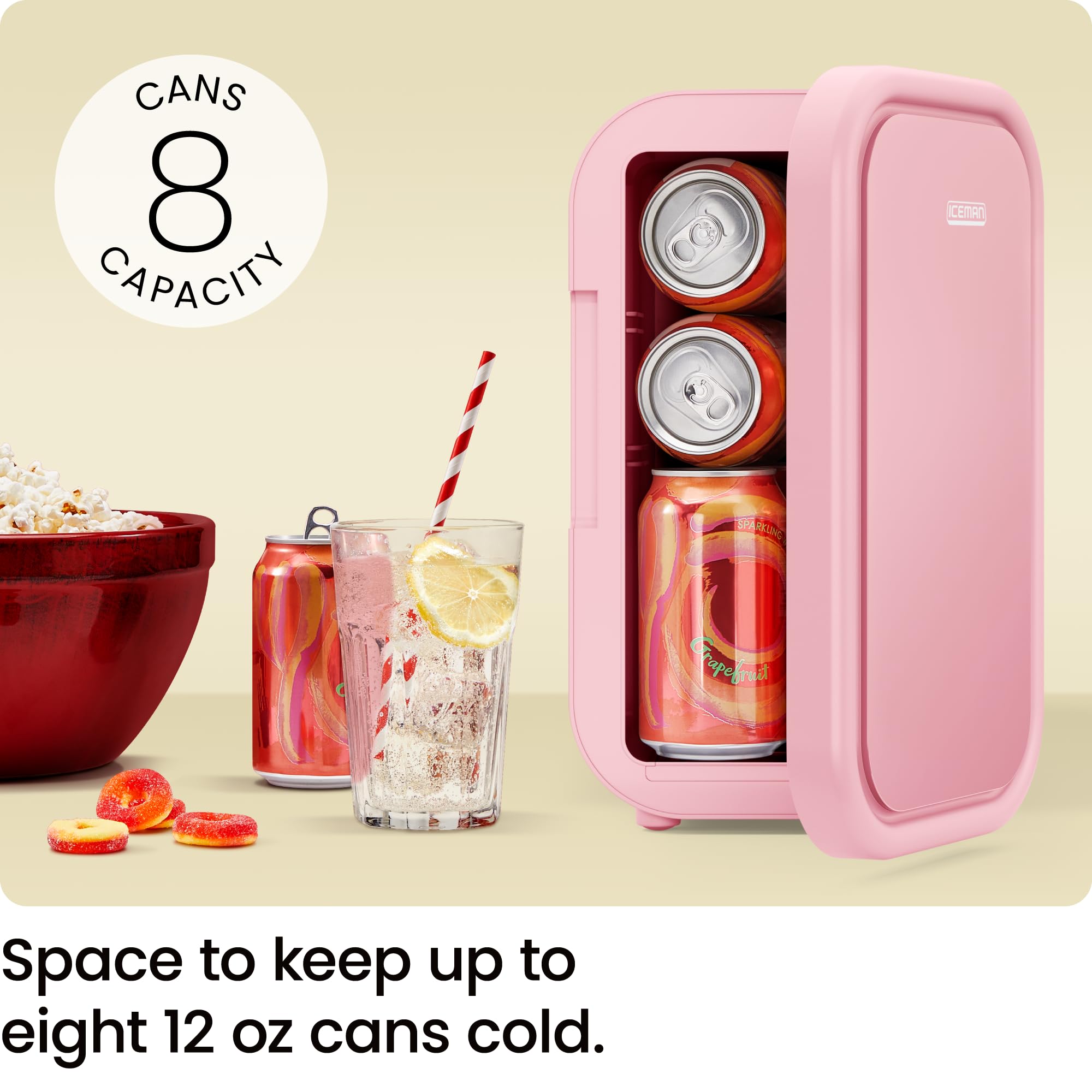 Iceman Portable Mini Fridge – Fits 8 x 12 oz Cans, Cooler and Heater Mini Fridge for Bedroom, Car, Office, Dorm and Skincare, AC/DC Car Plug-Compatible - Pink