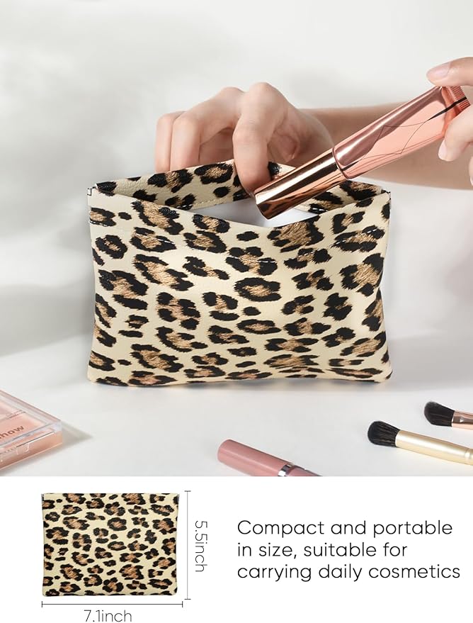 Ksriylm Leopard Leather Small Makeup Pouch for Women,Cosmetic Accessories,Waterproof and Portable Cosmetic Bag,Self-closing, No Zipper, Aesthetic Storage Pouch,Lipstick for Purse,Apricot Color