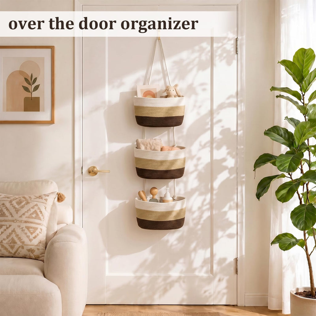 TeoKJ Over the Door Hanging Basket, 3-Tier Woven Cotton Wall-Mounted Storage Organizer Bag Decorative Hanging Nursery Baskets，Gradient Brown