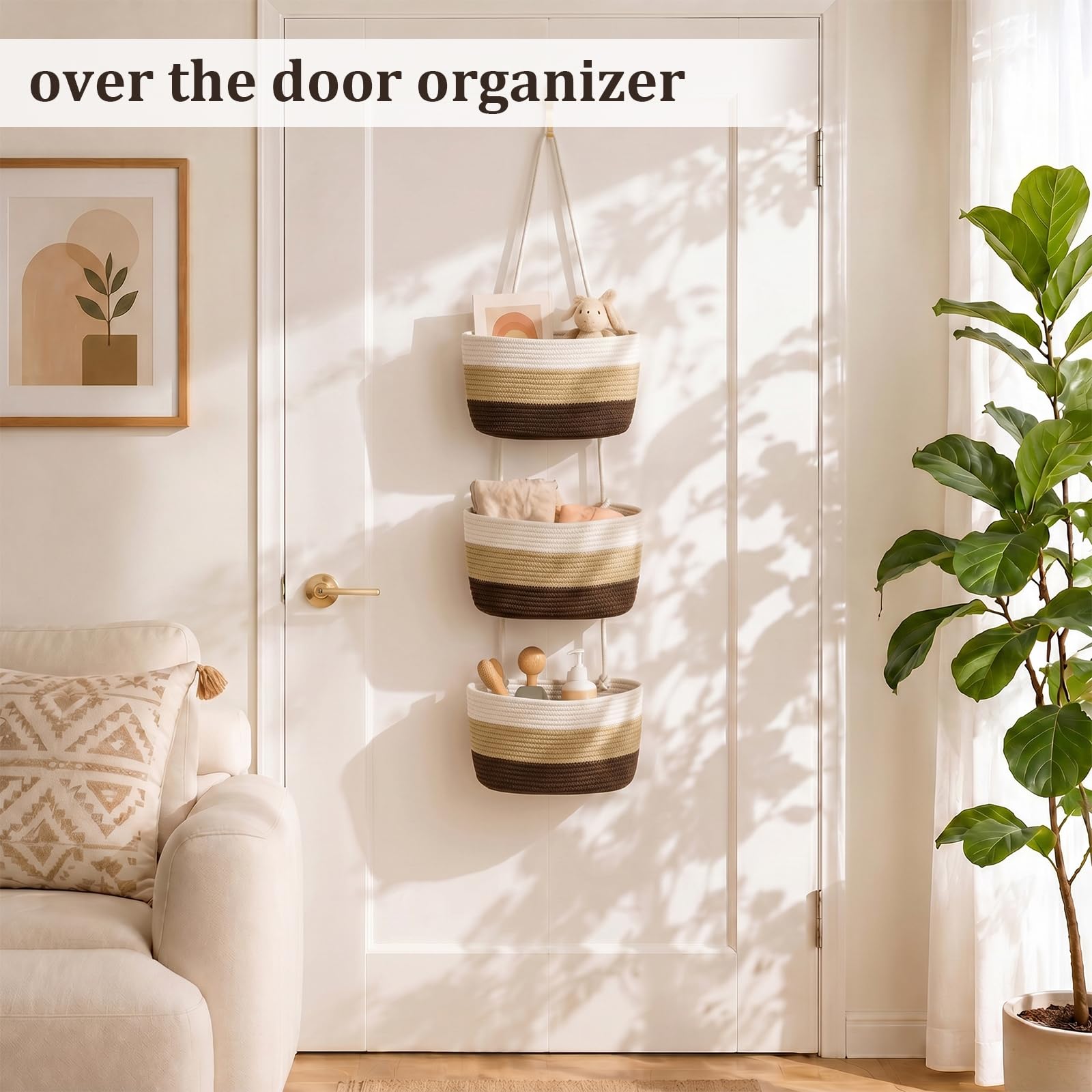 TeoKJ Over the Door Hanging Basket, 3-Tier Woven Cotton Wall-Mounted Storage Organizer Bag Decorative Hanging Nursery Baskets，Gradient Brown