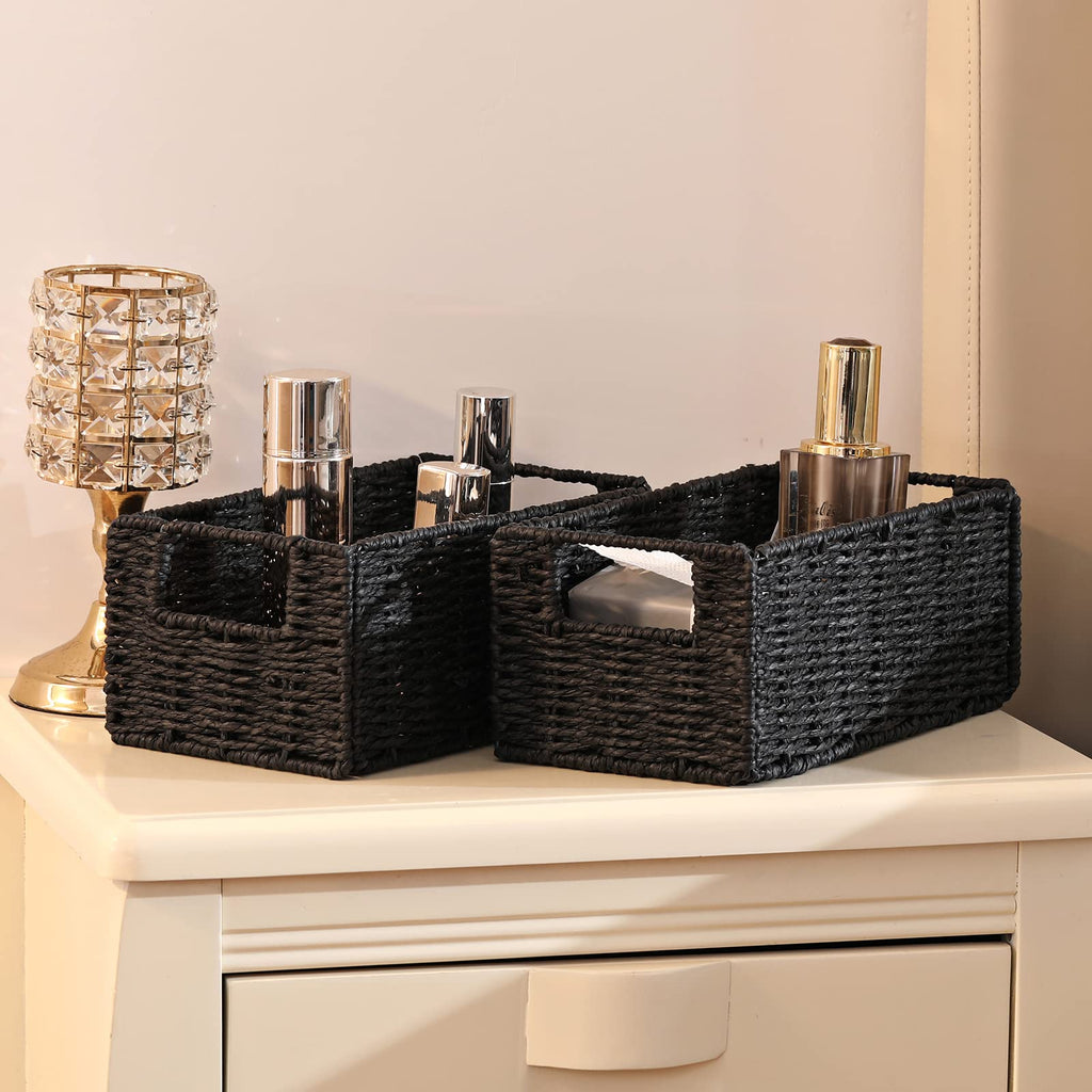 Vagusicc Wicker Storage Basket, Set of 2 Hand-Woven Paper Rope Wicker Basket, Small Storage Baskets for Organizing Toilet Paper Basket, Foldable Large Cube Storage Organizer Bins for Shelves (Black)