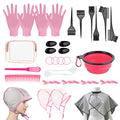 32 Pcs Hair Dye Coloring Kit,Hair Dye Tools for DIY Salon.Hair Dye Brush and Bowl Set/Highlighting Frosting Cap with Plastic Hooks/Dye Brush/Ear Cover/Gloves/Comb/Hairpin/Hair Coloring Cape(Pink)