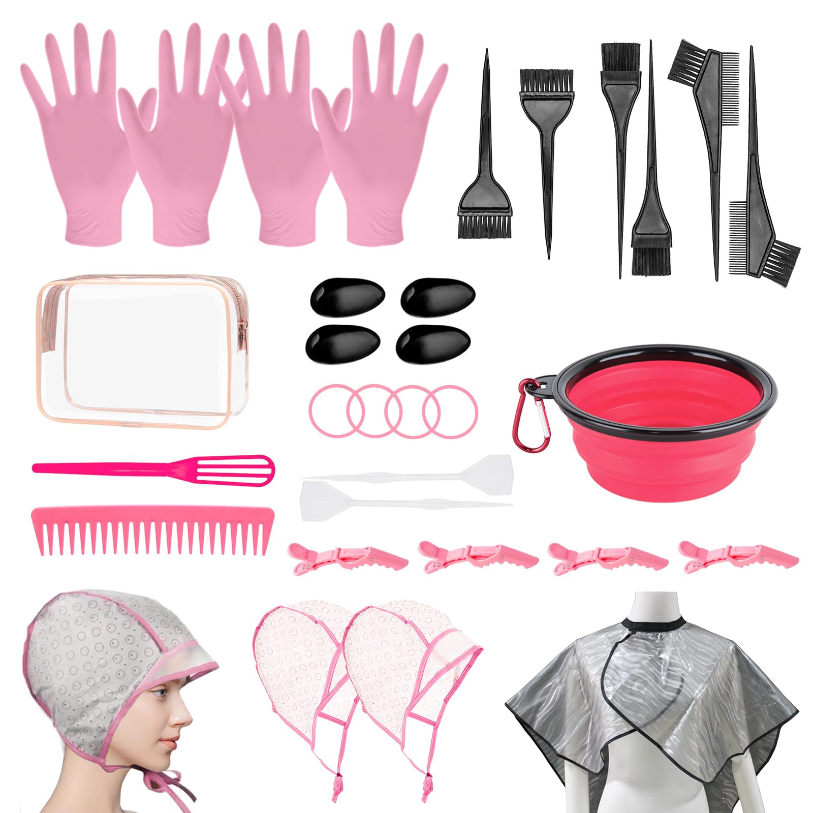32 Pcs Hair Dye Coloring Kit,Hair Dye Tools for DIY Salon.Hair Dye Brush and Bowl Set/Highlighting Frosting Cap with Plastic Hooks/Dye Brush/Ear Cover/Gloves/Comb/Hairpin/Hair Coloring Cape(Pink)