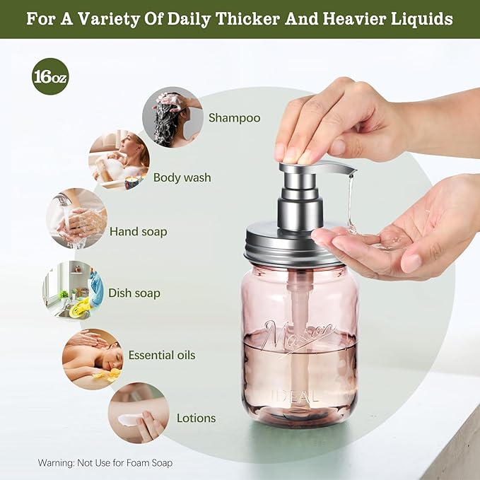 Amolliar 16 Oz Plastic Soap Dispenser, Refillable Hand Dish Soap Dispenser - Vintage Rose Bottle with Silver Pump Lids, for Farmhouse Bathroom Kitchen, Includes 2 Extra Pump & Waterproof Label