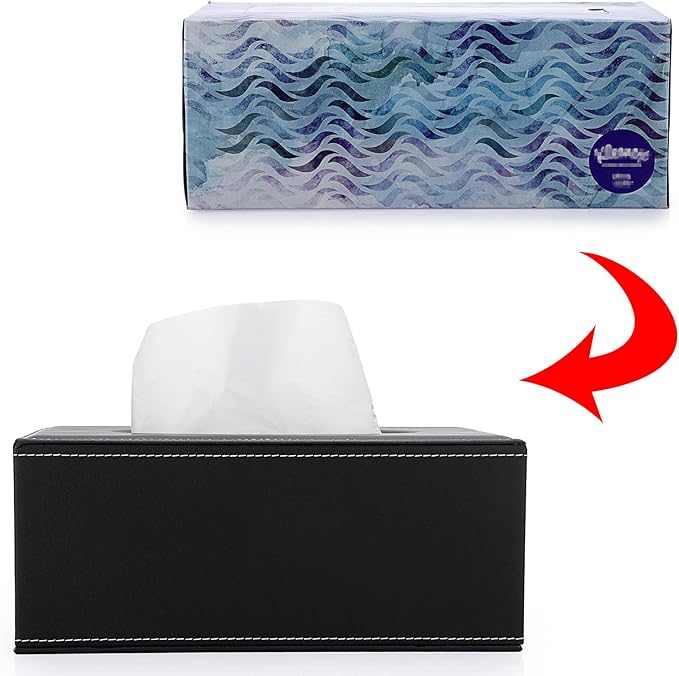 Sumnacon Tissue Box Cover Rectangle Leather Tissue Box Stylish Tissue Box Holder with Magnetic Bottom, Decorative PU Tissue Cover for Bathroom Living Room Bedroom Table Desk Home Office Car, Black