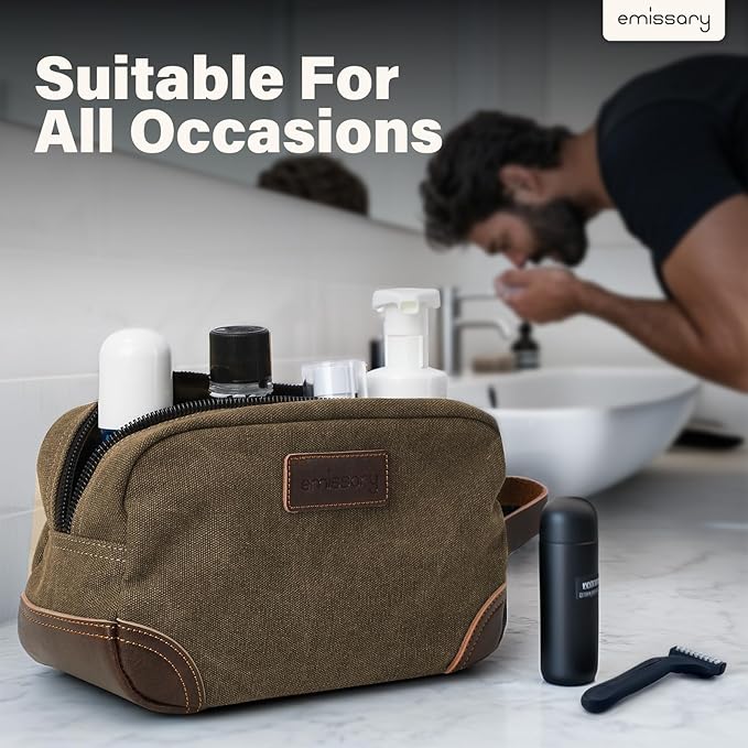 emissary Men's Canvas Travel Toiletry Bag, Leather Dopp Kit - Brown