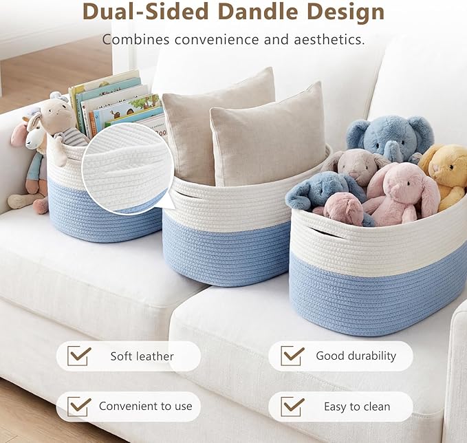 Cotton Rope Storage Basket, 15x10x9 Inches, Woven Basket for Shelves, Clothes, Towels, Books, and Laundry, White Blue (1 Pack)