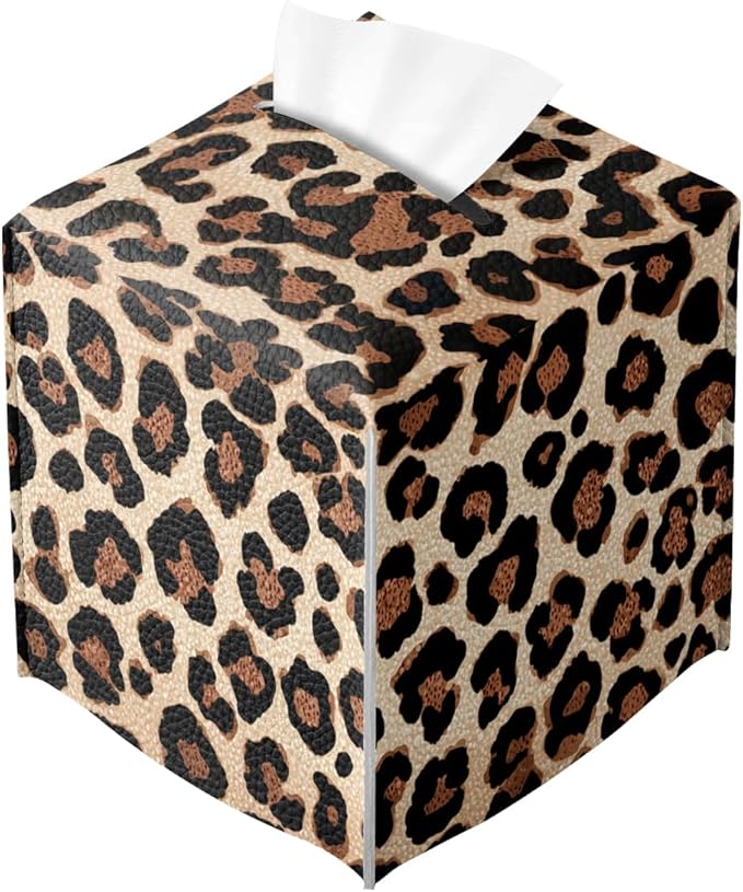 Leopard Print Tissue Box Cover Cute Animal Brown Black Leather Tissue Box Holder Square Facial Paper Organizer Dispenser for Bathroom Kitchen Bedroom Vanity Countertop Night Stands