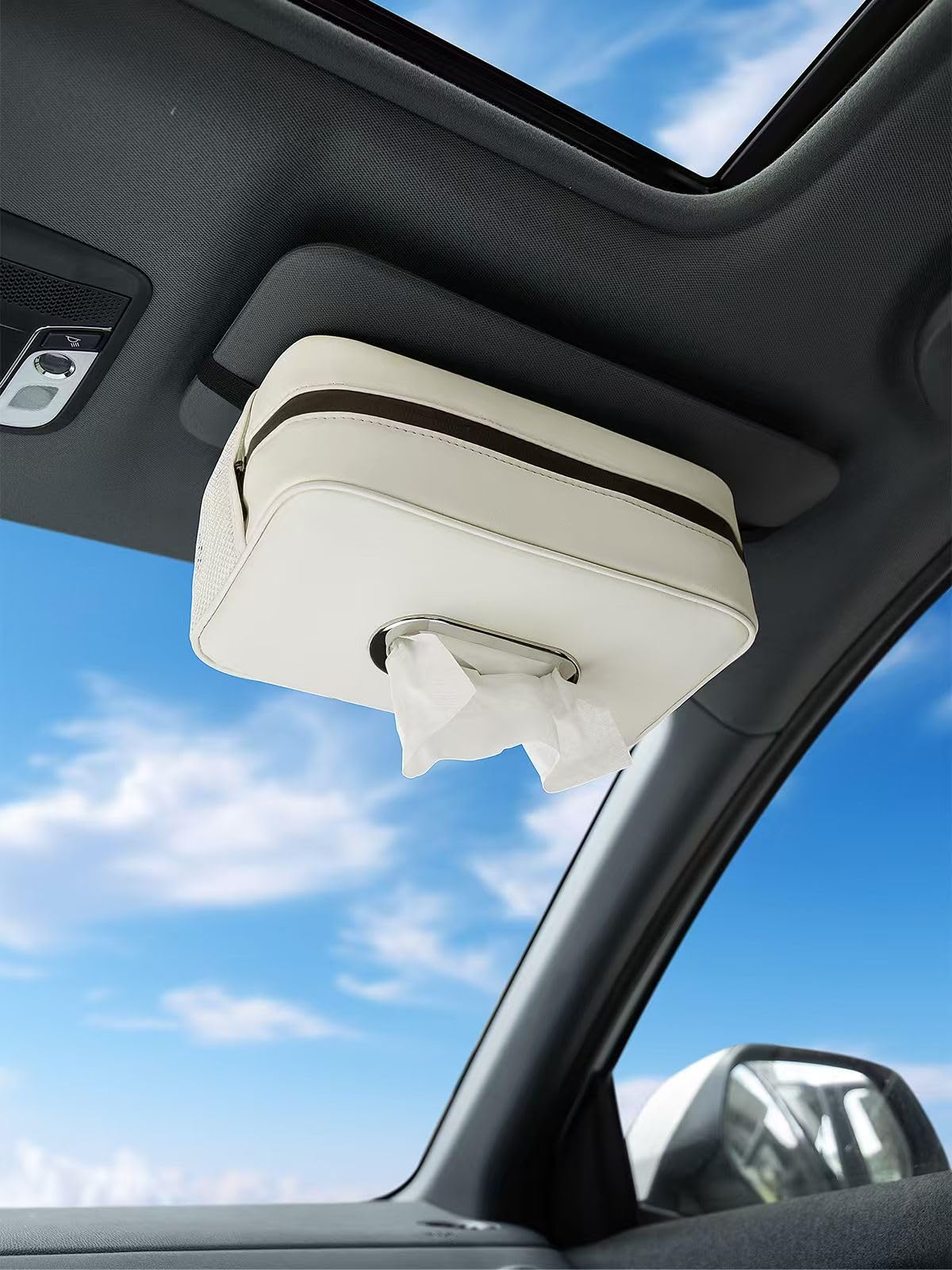 Multi-Functional Car Tissue Holder with ‌2 Storage Nets, Tissue Box Cover
