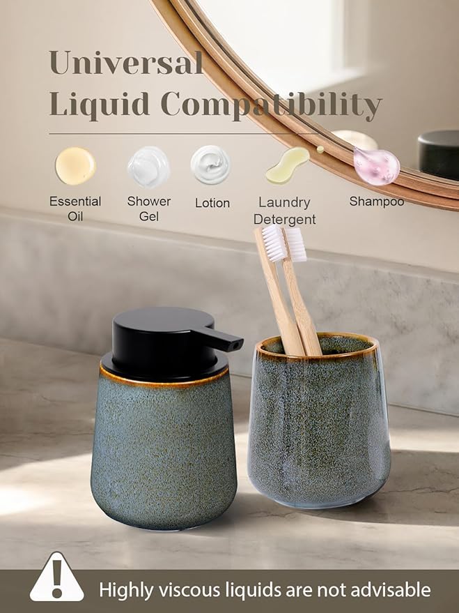 INGOFIN Ceramic Lotion Dispenser - 12 oz Refillable Hand Soap Dispenser Bathroom, Modern Liquid Dispenser with Pump, Dish Soap Dispenser for Kitchen,Kiln-Glazed Blue-Green