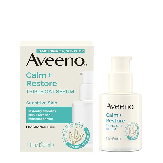 Aveeno Calm + Restore Triple Oat Hydrating Face Serum for Sensitive Skin, Gentle Lightweight Hydrating Serum for Face Instantly Smooths Skin, Non-Comedogenic, Hypoallergenic, Fragrance-Free