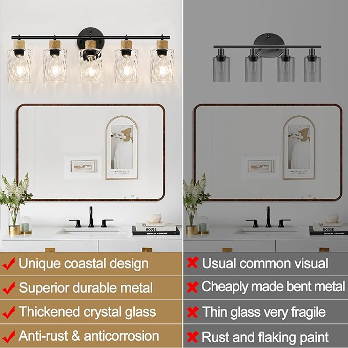 Bathroom Light Fixtures, 5-Light Coastal Vanity Lights with Crystal Glass Shade, Black Bathroom Wall Lamp for Mirror Kitchen Hallway Cabinet
