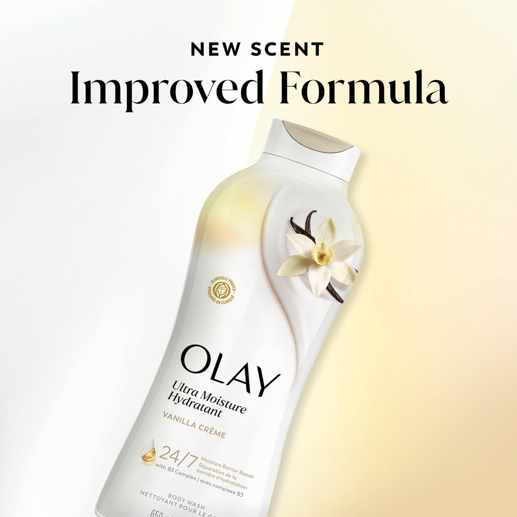 Olay Body Wash for Women, Ultra Moisture, 24/7 Moisture Barrier Repair, Hydrating Formula for Visibly Healthy Soft Skin, Vitamin B3 & Hyaluronic Blend, All Skin Types, Vanilla Creme Scent, 22 fl oz