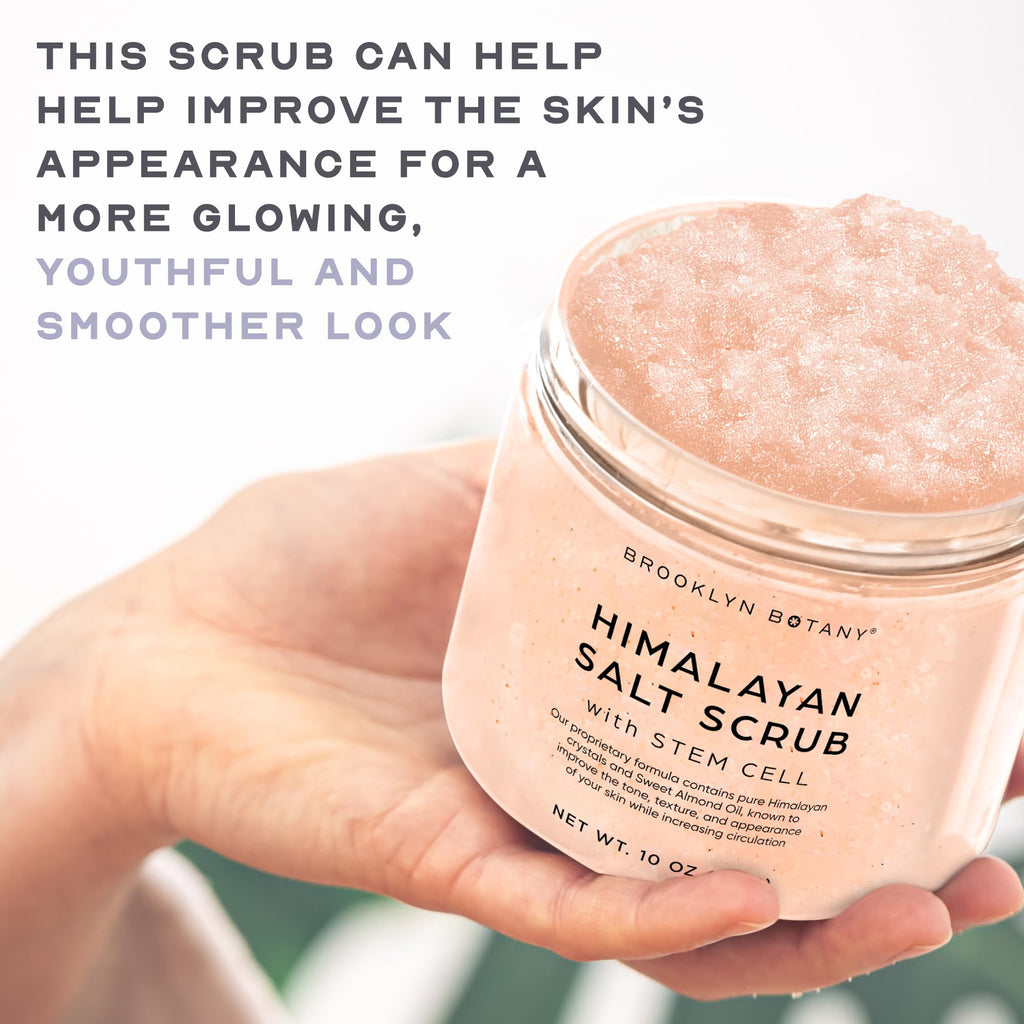 Brooklyn Botany Himalayan Salt & Stem Cell Body Scrub - Moisturizing and Exfoliating Body, Face, Hand, Foot Scrub - Fights Stretch Marks, Fine Lines, Wrinkles - Great Gifts for Women & Men - 10 oz