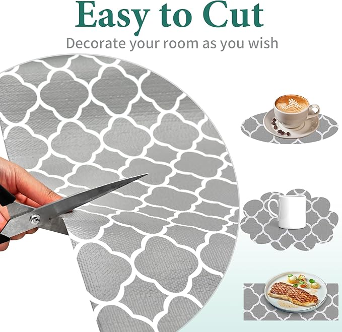 Shelf Liners for Kitchen Cabinets 12in x 20FT Non Adhesive Drawer Liner Gray Quatrefoil Thickened Shelf Liner Paper Strong Non-Slip Easy to Clean for Tool Box Refrigerator with Knife and Tape Measure