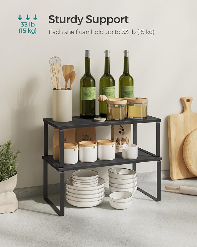 SONGMICS Cabinet Organizer Shelf, Set of 2 Kitchen Counter Shelves, Kitchen Storage, Spice Rack, Stackable, Expandable, Metal and Engineered Wood, 15.6 Inches, Ink Black and Charcoal Black UKCS025B01