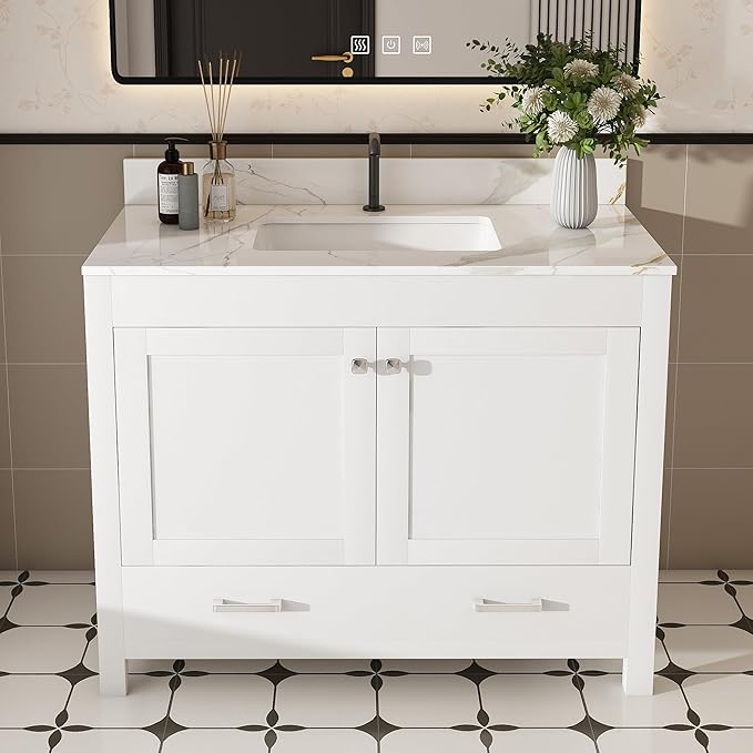 Montary 42" Bathroom Vanity with 43" Sintered Stone Carrara Gold Top, Modern Stylish MDF Bathroom Storage Cabinet, Vanity Set with 2 Doors and One Large Divided Drawer, White (Single Hole)