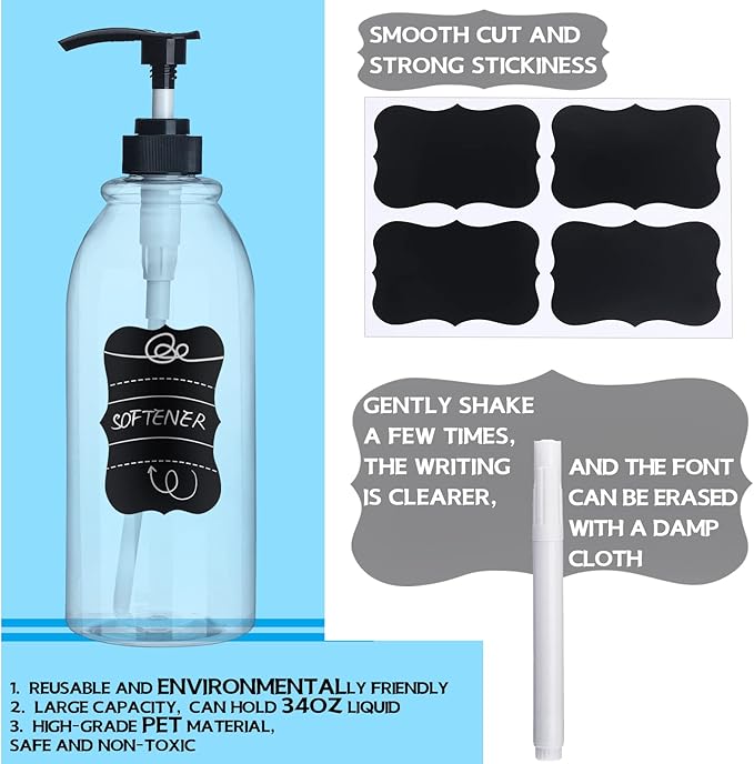 2 Pack 34 oz Clear Plastic Pump Bottles Dispenser Lotion Liquid Hand Empty Shampoo and Conditioner Dispenser Bathroom Kitchen Refillable Shampoo Container with Label Pen