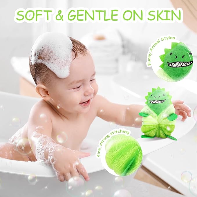 Kids Bath Sponge & Loofah for Kids - 2 Pack Net-Style Mesh with Dinosaur & Shark, Gentle Baby Sponge for Bathing & Toddler Loofah, Soft Exfoliating Pouf