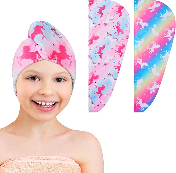 2 Pack Kids Hair Drying Towels Girls Unicorn Wet Hair Towel Quick Dry Twisty Hair Towels (Rainbow Unicorn)