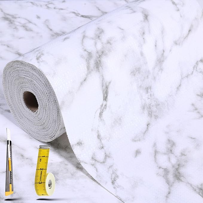 Shelf Liners for Kitchen Cabinets 12in x 20FT, Non Adhesive Drawer Liner Marble Pattern Thickened Shelf Liner Non-Slip Easy to Clean for Tool Box Refrigerator with Knife and Tape Measure